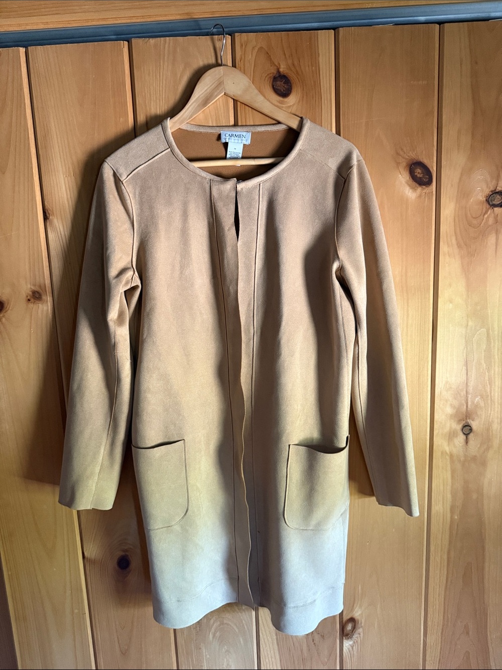 Carmen Marc Valvo Camel Beige Open-Front Coat